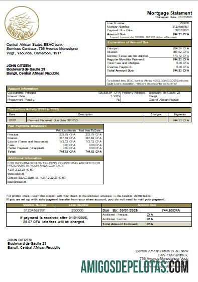 Declaração de hipoteca do Banco BEAC da República Centro-Africana Scr exemplo real